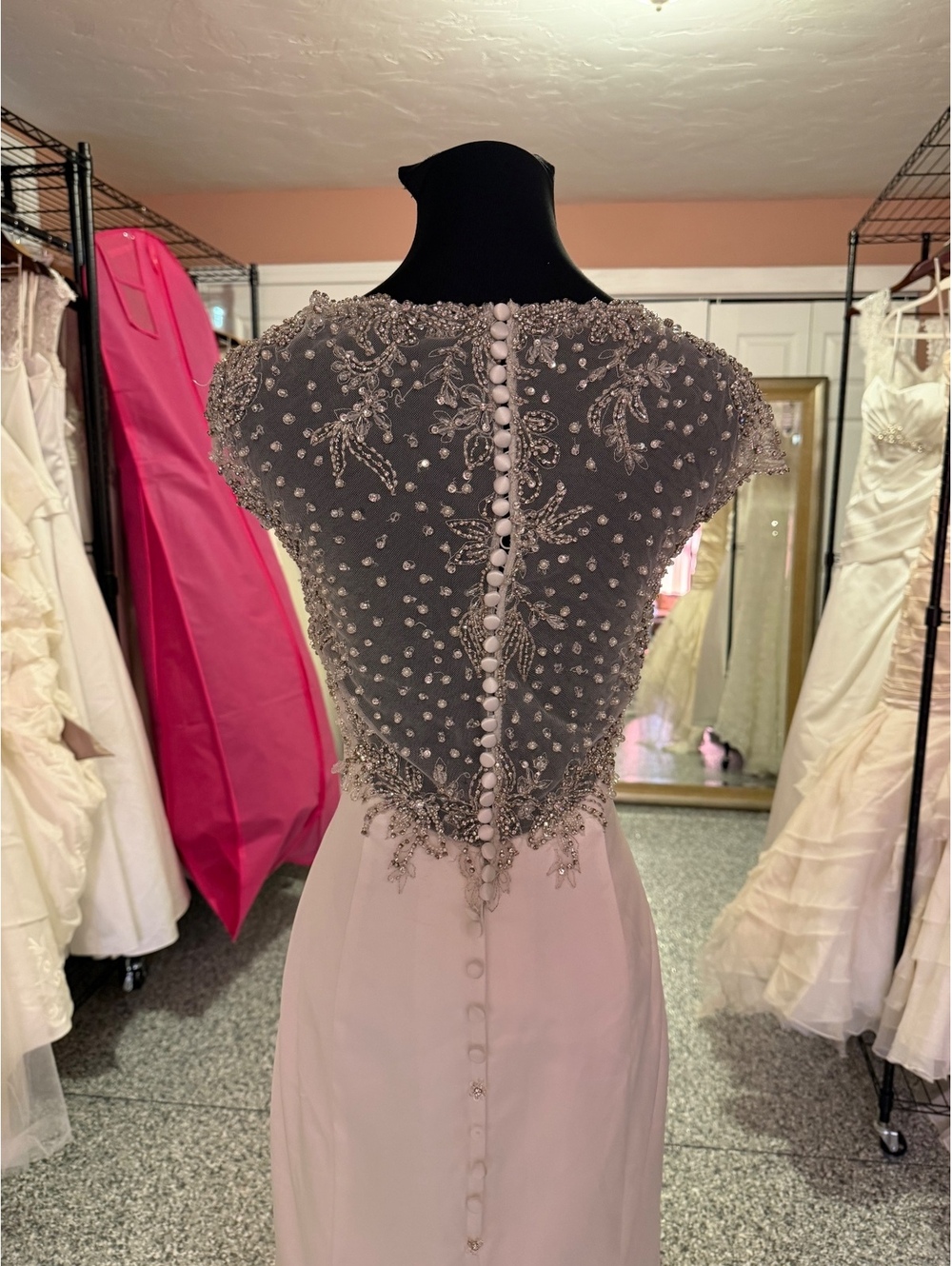 Allure Bridals Ivory Satin Wedding Dress with Beaded Cap Sleeves - Picture 4 of 6